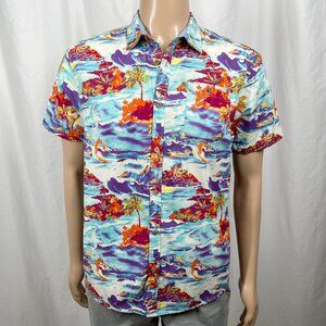 Artistry In Motion Men Medium Blue Tropical Islands Short Sleeve Button-Up Shirt